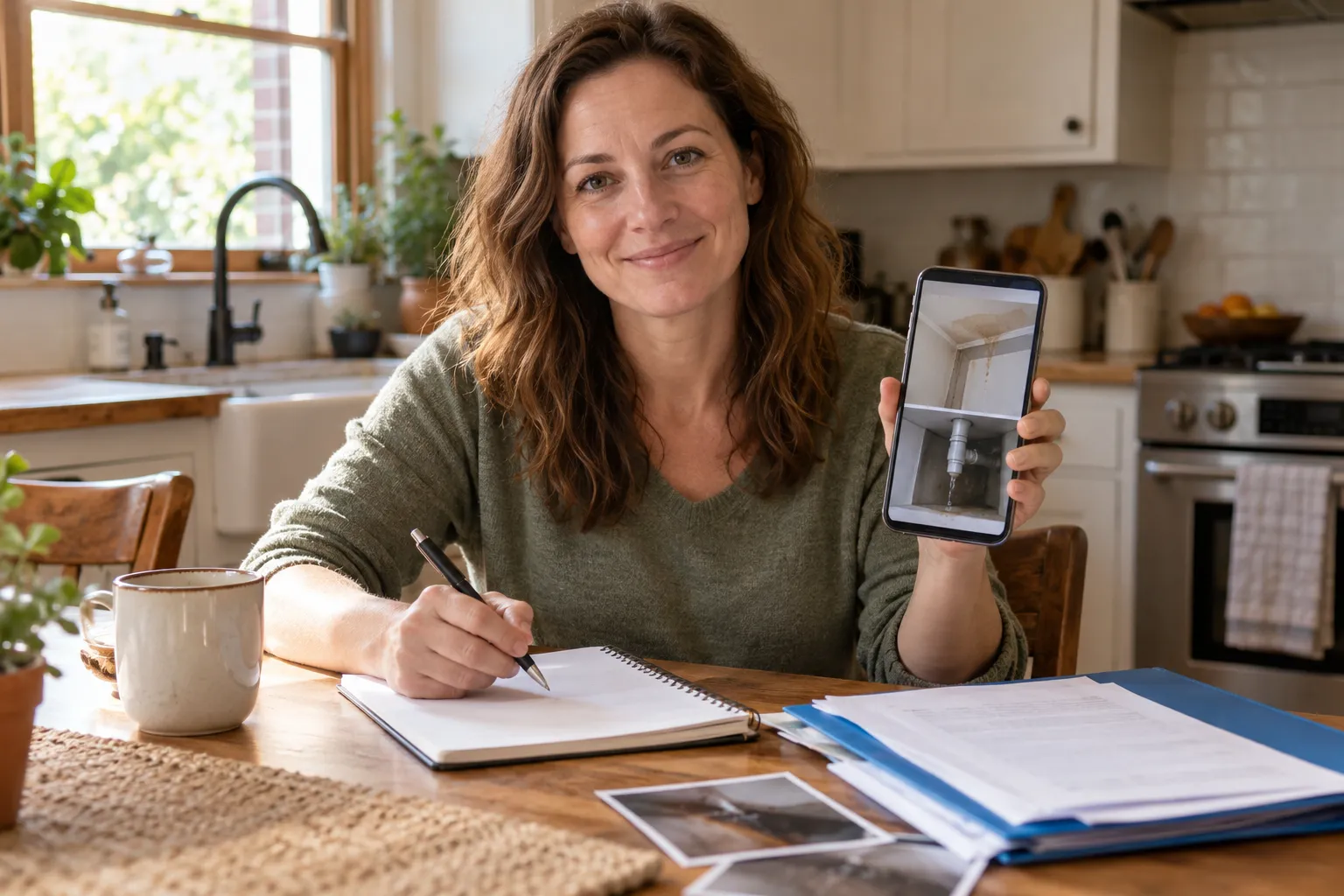Homeowner writing notes and checking photos of a plumbing problem